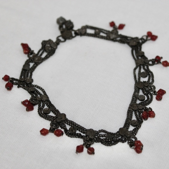 NWOT Vintage Antiqued Metal with Faceted Red Beaded Ankle Bracelet, Geeta - Picture 1 of 1